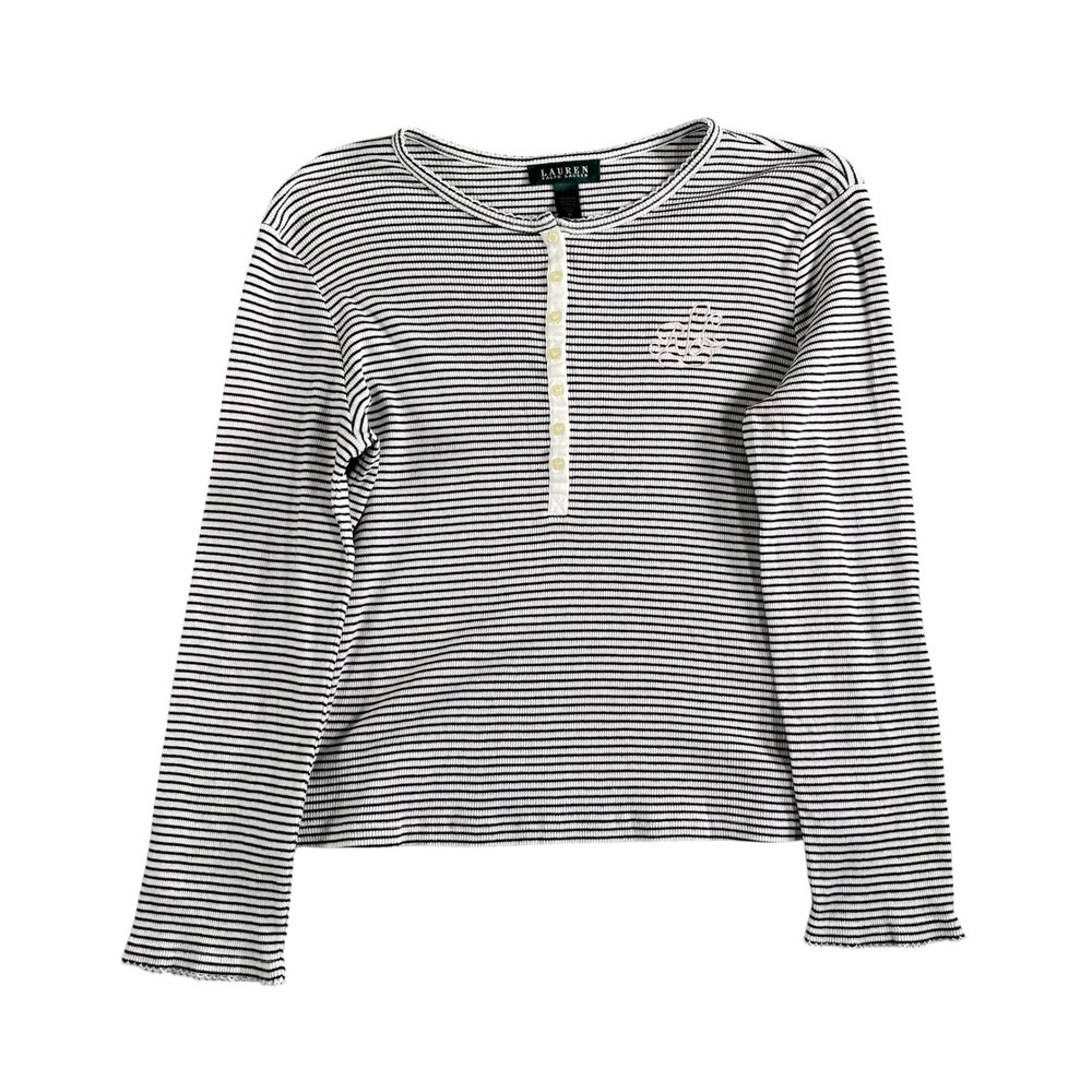 Lauren Ralph Lauren Striped Long Sleeve Henley 100% Cotton Top Size Medium